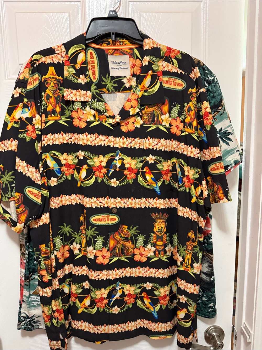 Tommy Bahama Black Hawaiian Shirt with Colorful Parrots & Floral Stripes